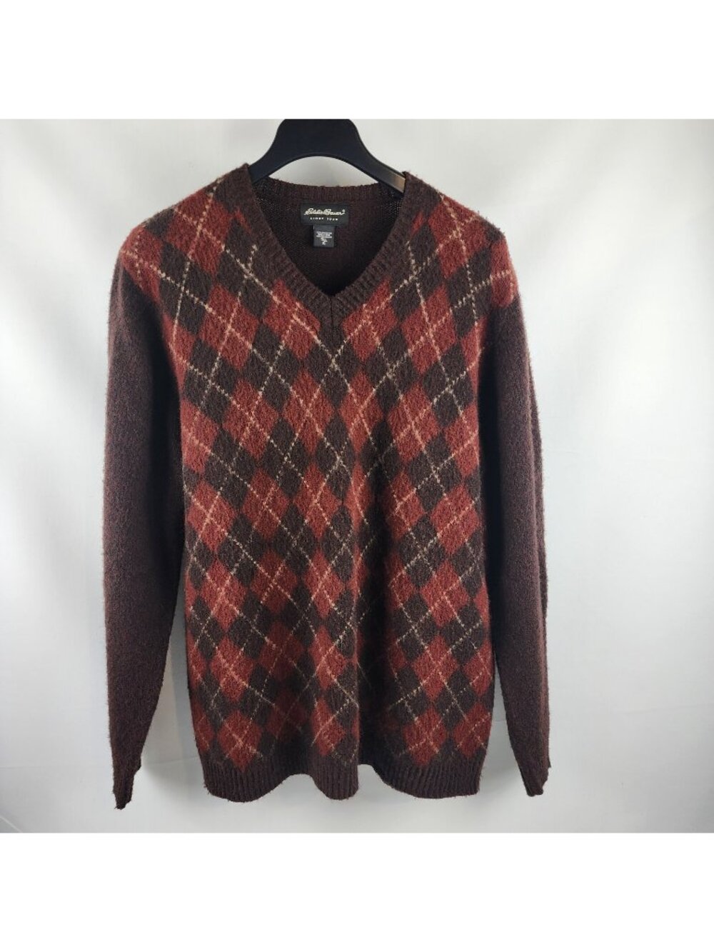 Eddie Bauer Sweater Mens XL Burgundy Lambswool Argyle Comfort Pullover Preppy